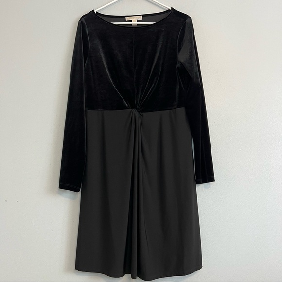 Michael Kors Long Sleeve Black Mini Dress Velvet Mesh Twist Detail at Waist Sz L - Picture 1 of 8